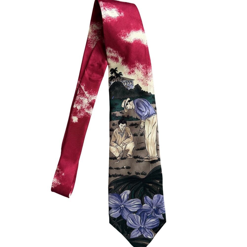 Oscar de la Renta Silk Necktie Golf Themed Floral Red Novelty Print Tie Made USA
